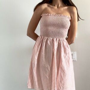 Elizabeth McKay | Smocked strapless pink white butterfly print mini dress | Sz 2